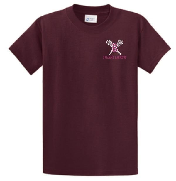 Maroon Ballard Lacrosse Essential tshirt PC61 featuring crossed lacrosse sticks in white on the chest.