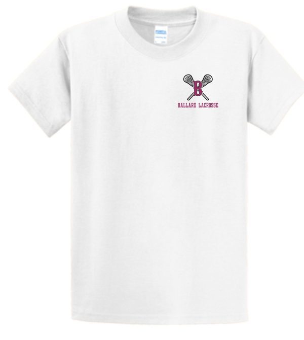 Ballard Lacrosse Essential t-shirt PC61 with a "ballard lacrosse" logo featuring two crossed lacrosse sticks and a helmet in purple and gray on the chest.