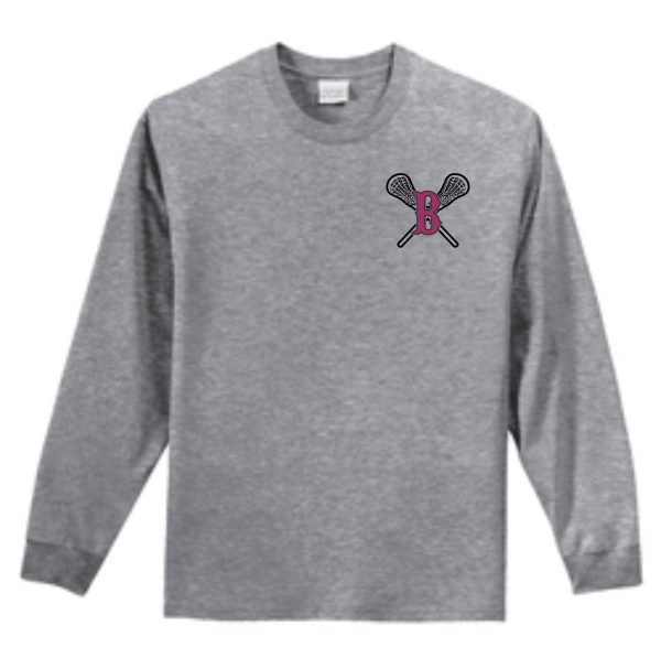 Ballard LAX Essential long-sleeve t-shirt with a logo featuring two crossed lacrosse sticks and a letter 'b' on the chest.