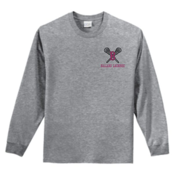 Gray Ballard Lacrosse Essential long sleeve tshirt PC61LS featuring a "ballard lacrosse" logo with two crossed lacrosse sticks and a stylized letter b.