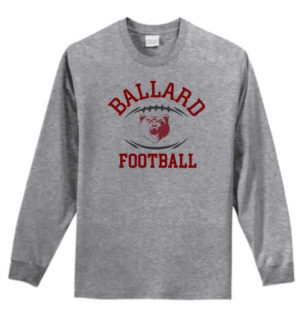 Ballard Football Long sleeve T-shirt PC61LS with "ballard football" and a red bear mascot logo.