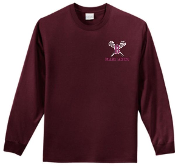 Maroon Ballard Lacrosse Essential long sleeve tshirt PC61LS with "ballard lacrosse" and crossed lacrosse sticks graphic on the chest.