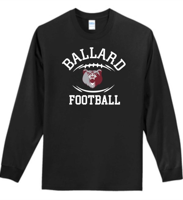 Black Ballard Football Long sleeve T-shirt PC61LS with a white "ballard football" text and a red bulldog graphic.