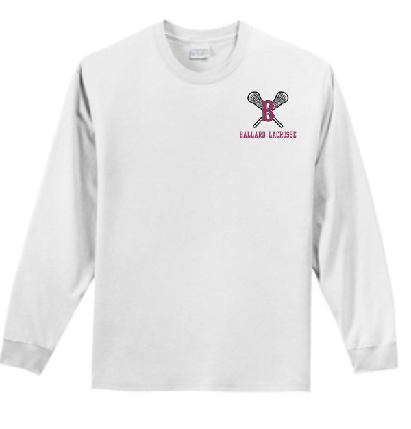 Ballard Lacrosse Essential long sleeve tshirt PC61LS with a "ballard lacrosse" logo featuring crossed lacrosse sticks and a purple helmet on the front.