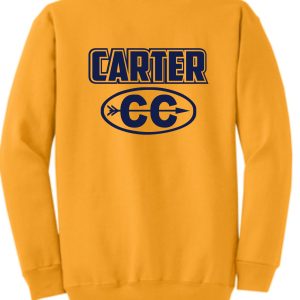 A yellow Carter Cross Country ADULT Crewneck sweatshirt featuring the word "carter" in blue and the initials "cc" inside an oval, also in blue.