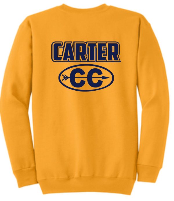 A yellow Carter Cross Country ADULT Crewneck sweatshirt featuring the word "carter" in blue and the initials "cc" inside an oval, also in blue.