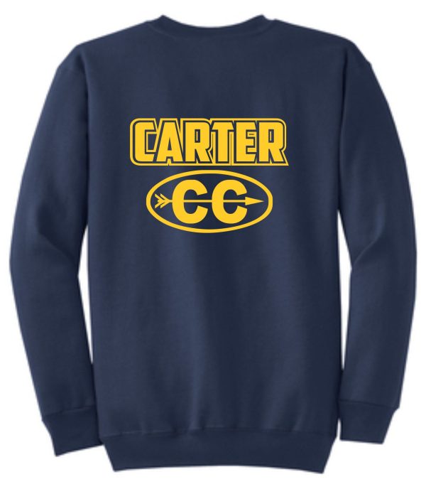 Navy blue Carter Cross Country ADULT Crewneck sweatshirt with the word "carter" and the initials "cc" inside a yellow oval on the front.