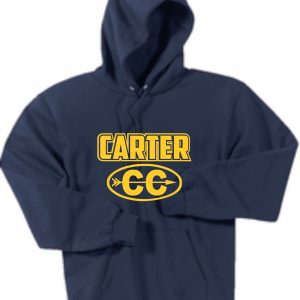 Navy blue Carter Cross Country ADULT Hooded sweatshirt with "carter cc" in yellow text inside an oval on the front.