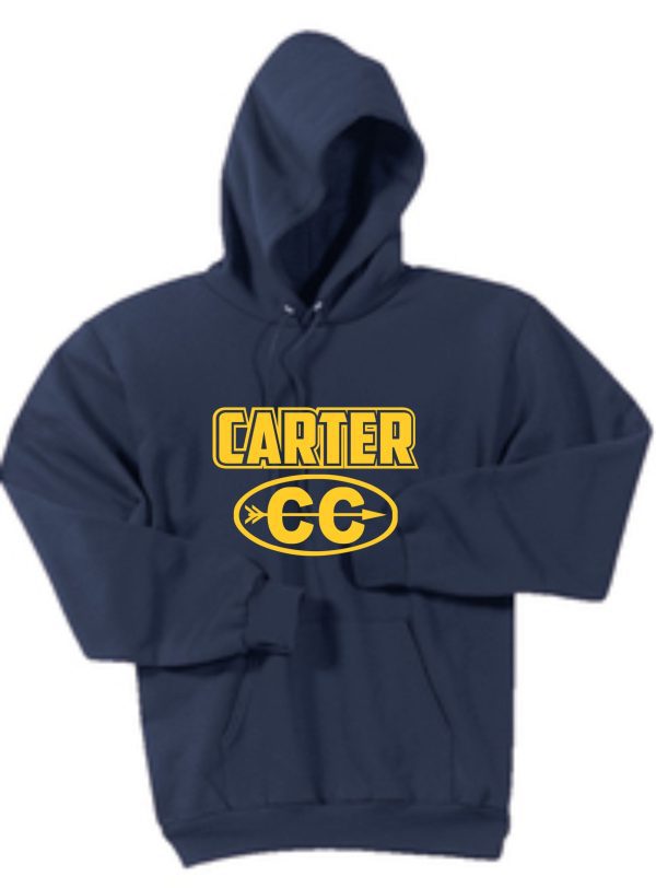 Navy blue Carter Cross Country ADULT Hooded sweatshirt with "carter cc" in yellow text inside an oval on the front.