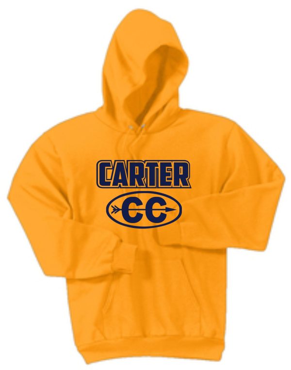 Bright yellow Carter Cross Country ADULT Hooded sweatshirt with the word "carter" and the initials "cc" inside an oval, displayed on a plain background.