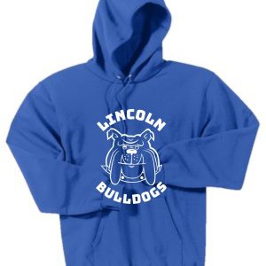 Blue Lincoln XC Adult Hooded sweatshirt PC78H with "lincoln bulldogs" text and a bulldog mascot graphic printed on the front.