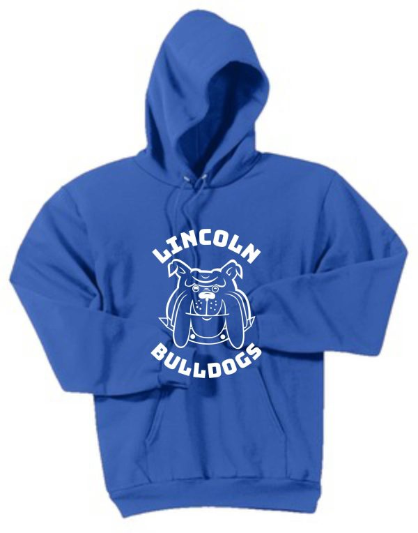 Blue Lincoln XC Adult Hooded sweatshirt PC78H with "lincoln bulldogs" text and a bulldog mascot graphic printed on the front.