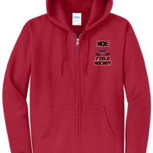 Red zippered hoodie with field hockey logo.