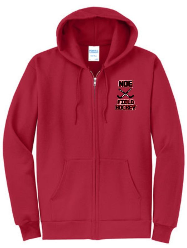 Red zippered hoodie with field hockey logo.