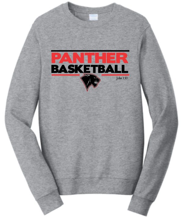 Gray crewneck sweatshirt with "panther basketball" text and a panther logo below it, including a reference to john 3:30. Heart For Christ Basketball Crewneck PC850