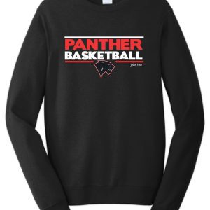 Heart For Christ Basketball Crewneck PC850 sweatshirt with "panther basketball" in bold red text, a panther head logo, and "john 3:30" underneath, displayed on a plain background.