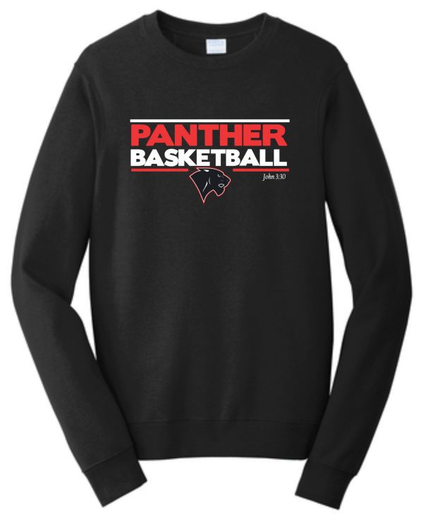 Heart For Christ Basketball Crewneck PC850 sweatshirt with "panther basketball" in bold red text, a panther head logo, and "john 3:30" underneath, displayed on a plain background.