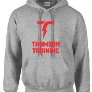 Gray hoodie with red Thomson Training logo.