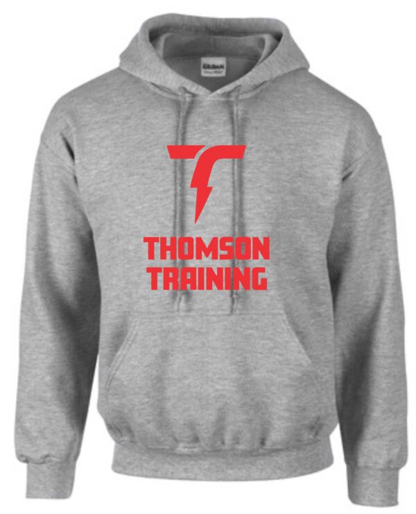 Gray hoodie with red Thomson Training logo.