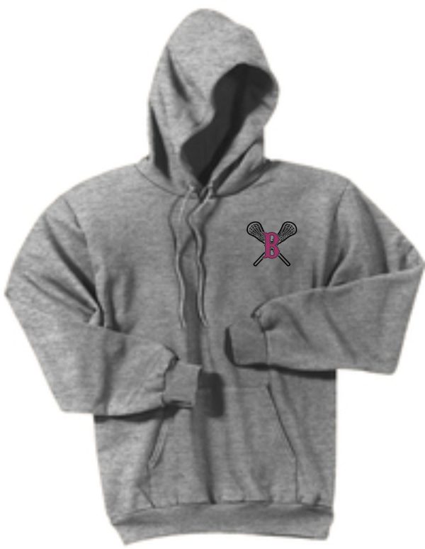 Ballard LAX Essential fleece PC90H with a pink and black embroidered logo featuring the letter 'b' and crossed lacrosse sticks on the left chest area.