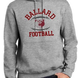 Ballard Football Hoodie PC90H featuring "ballard football" text and a bear mascot logo on the front, worn by a person visible from the neck down.