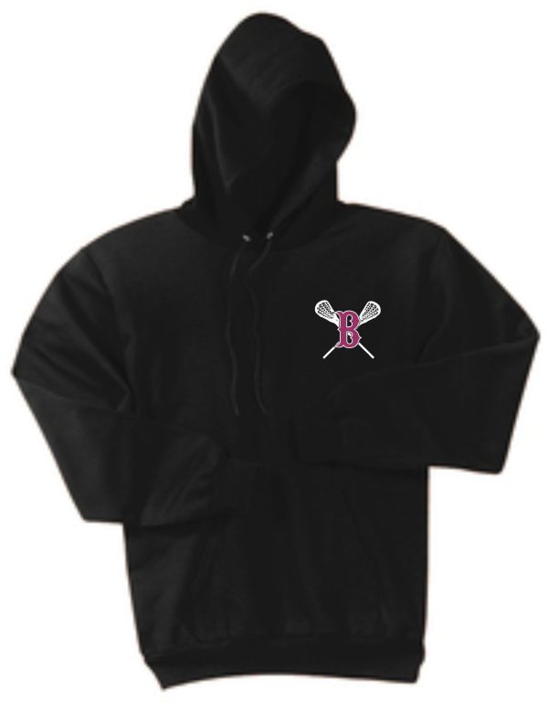 Black Ballard LAX Essential fleece PC90H with a white logo of a stylized letter "b" crossed by a baseball bat, centered on the chest.