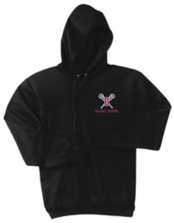 A black Ballard Lacrosse Essential fleece PC90H hoodie featuring a small "ballard lacrosse" logo with crossed lacrosse sticks on the left chest area.