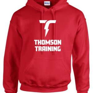 Red hoodie with Thomson Training logo.