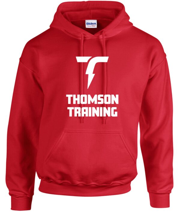 Red hoodie with Thomson Training logo.