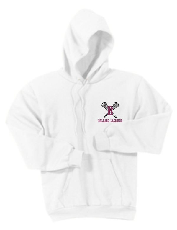 White hoodie with a Ballard Lacrosse Essential fleece PC90H featuring crossed lacrosse sticks on the front, displayed on a plain background.