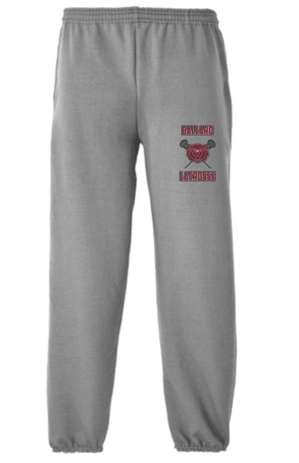 2021 Ballard Lacrosse Athletic Heather sweatpants with a logo featuring a red lion on the left thigh.