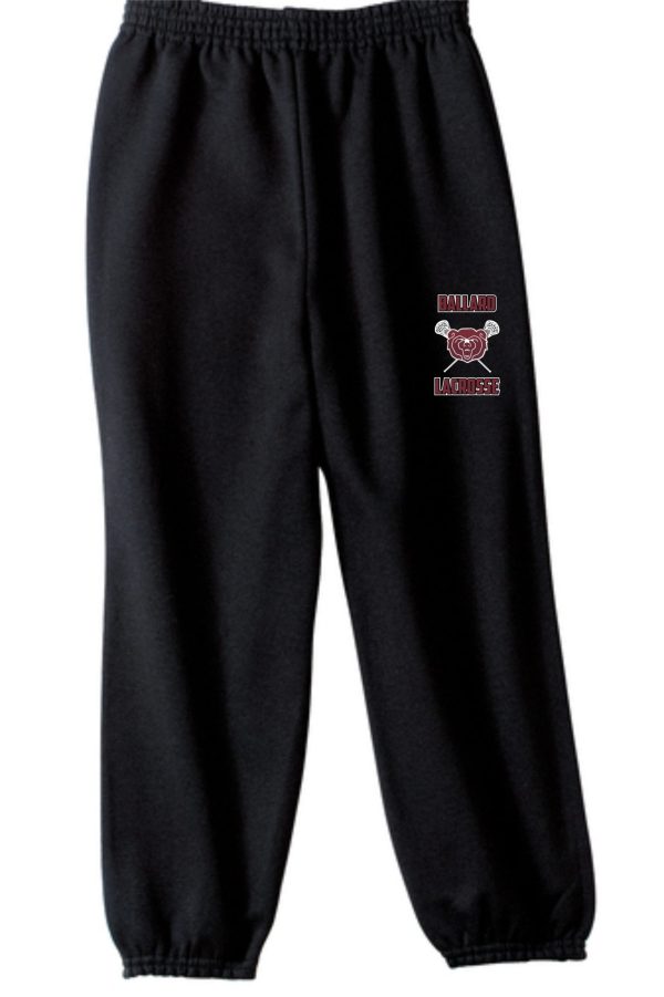 2021 Ballard Lacrosse Black sweatpants  PC90P with elastic waist and an embroidered logo featuring "maryland invaders" and a basketball graphic on the upper left thigh.