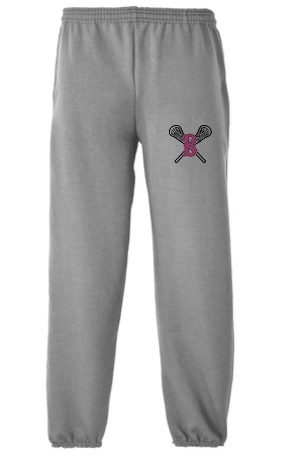 Ballard Lacrosse Fleece sweatpants featuring an embroidered logo of crossed baseball bats and a letter 'b' on the upper left thigh.