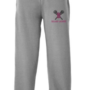 Ballard Lacrosse Fleece sweatpants with elastic cuffs featuring a "ballard lacrosse" logo and a "b" with crossed lacrosse sticks on the left thigh.