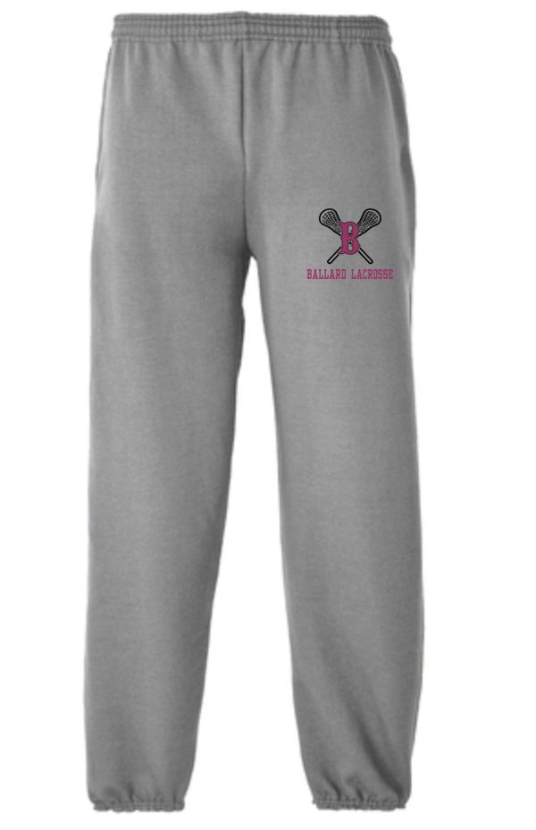 Ballard Lacrosse Fleece sweatpants with elastic cuffs featuring a "ballard lacrosse" logo and a "b" with crossed lacrosse sticks on the left thigh.