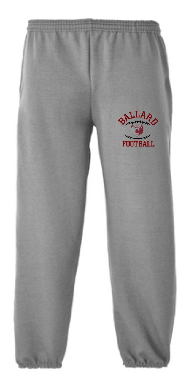 Gray Ballard Football sweatpants with a bear graphic on the left thigh.