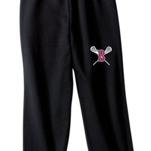 Ballard LAX Fleece sweatpants PC90P with elastic waistband and cuffs, featuring a white and pink logo with crossed lacrosse sticks on the upper left thigh.