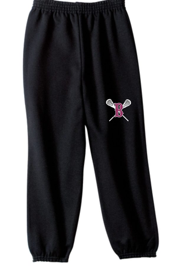 Ballard LAX Fleece sweatpants PC90P with elastic waistband and cuffs, featuring a white and pink logo with crossed lacrosse sticks on the upper left thigh.