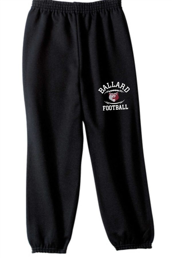 Black Ballard Football sweatpants with a small logo printed on the left thigh, featuring an elastic waist and cuffs.