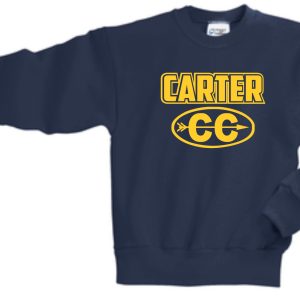 Carter Cross Country YOUTH Crewneck sweatshirt PC90Y with the word "carter" and two interlocking "c" letters in yellow on the front.