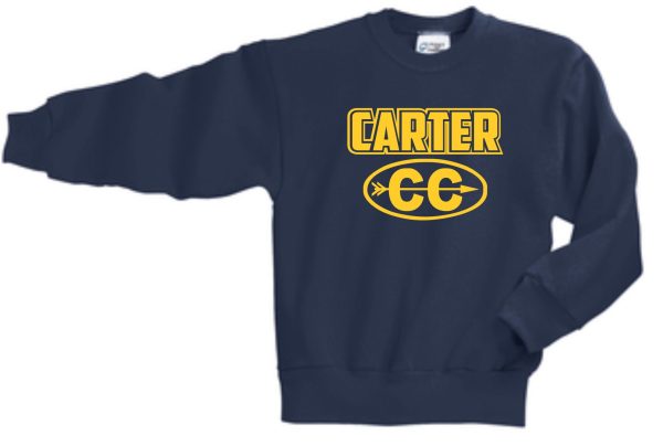 Carter Cross Country YOUTH Crewneck sweatshirt PC90Y with the word "carter" and two interlocking "c" letters in yellow on the front.