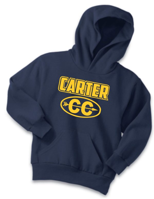 Carter Cross Country Youth Hooded sweatshirt PC90YH with the name "carter" and the initials "cc" inside a yellow oval, displayed on a plain white background.