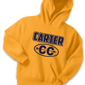 Carter Cross Country Youth Hooded sweatshirt PC90YH with the name "carter" and initials "cc" printed in black on the front, displayed against a plain white background.