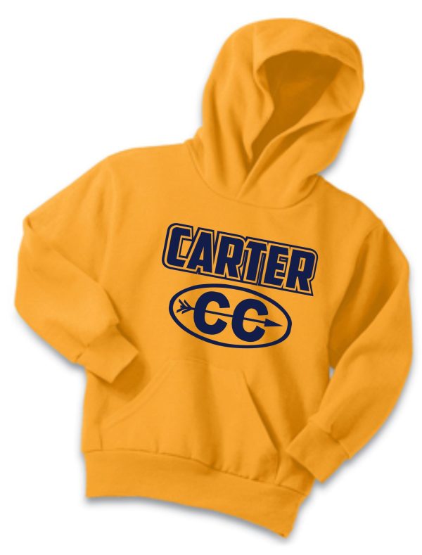 Carter Cross Country Youth Hooded sweatshirt PC90YH with the name "carter" and initials "cc" printed in black on the front, displayed against a plain white background.