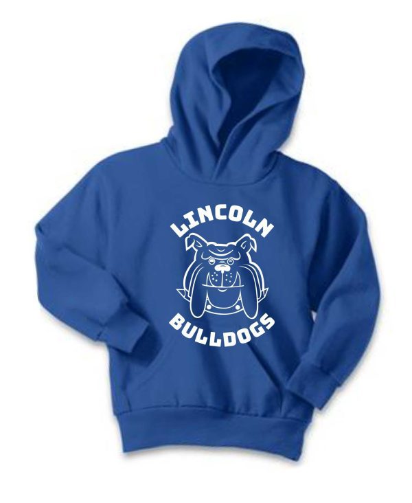 Blue Lincoln Bulldogs hoodie with a mascot