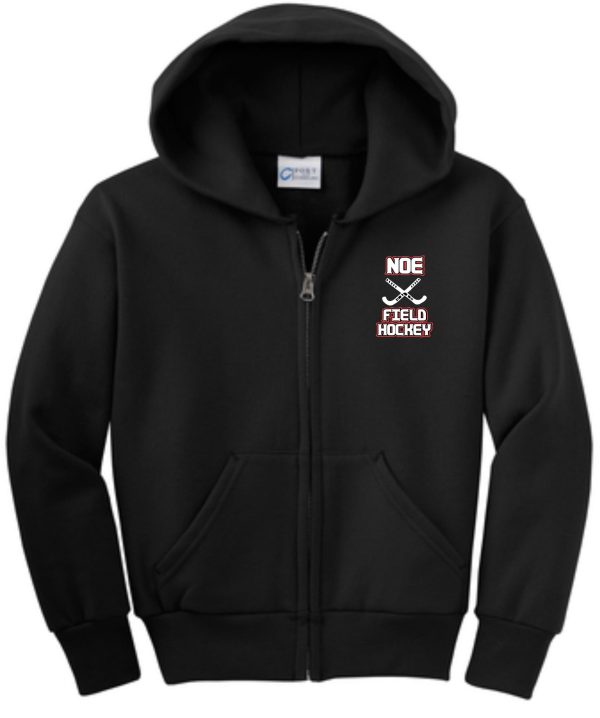 Black zip-up hoodie with Noe field hockey logo.