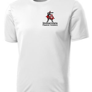 Immaculata PE undergarment white T-shirt with left chest print with the knight mascot.