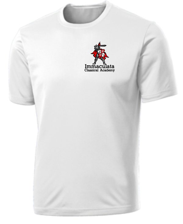 Immaculata PE undergarment white T-shirt with left chest print with the knight mascot.