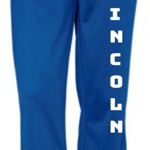 Blue sweatpants with "Lincoln" on leg.