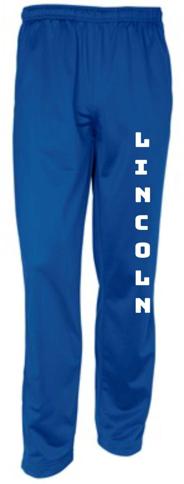 Blue sweatpants with "Lincoln" on leg.